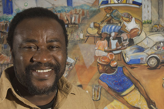 Sokey Edorh aus Togo, der Künstler des Hungertuchs 2011  Was ihr dem Geringsten tut..., kam zur Eröffnung der Ausstellung nach Regensburg.