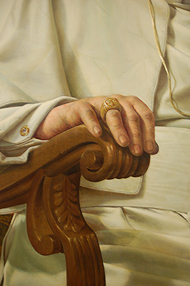 Die Hand des Papstes ruht auf einer Lehne, die den Bart eines Schlüssels assoziiert. Der Papst stützt sich auf Petrus.